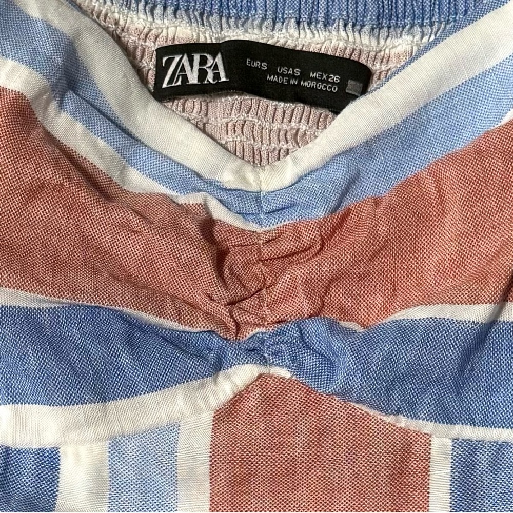 ZARA Blue Brown Striped Sleeveless Ruffle Hem Linen Viscose Summer Midi Dress - Picture 6 of 7